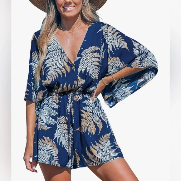 Cupshe Navy and Gold Leaf Print Swim Cover-Up - Picture 1 of 2